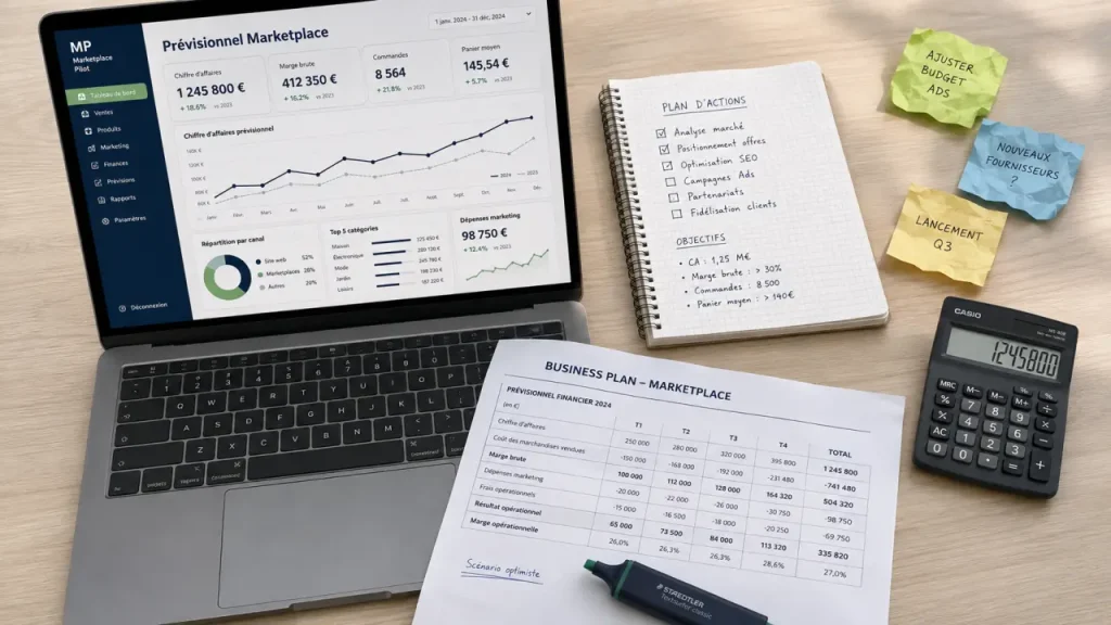 Business plan marketplace : trafic, GMV et point mort sans chiffres gonflés