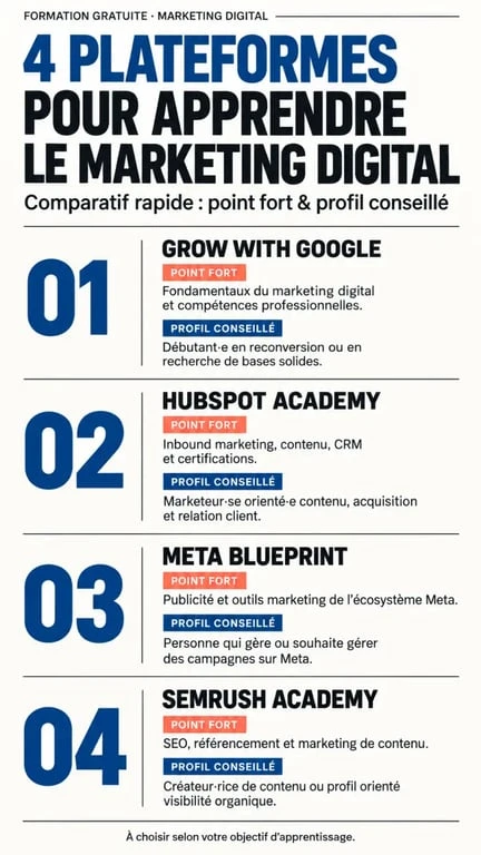 Formation gratuite en marketing digital : comparaison des plateformes et de leurs spécialités