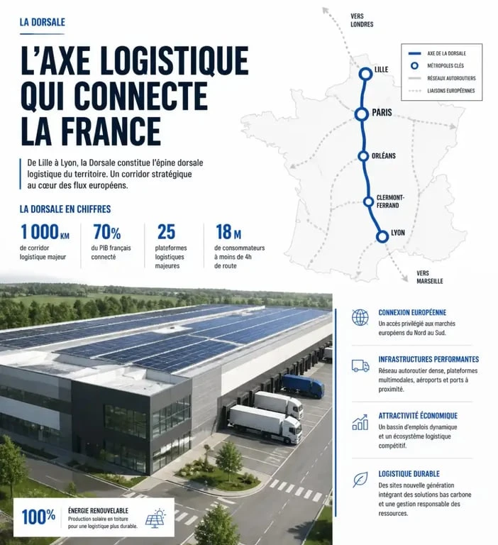 Schéma illustrant l'immobilier logistique et la dorsale française