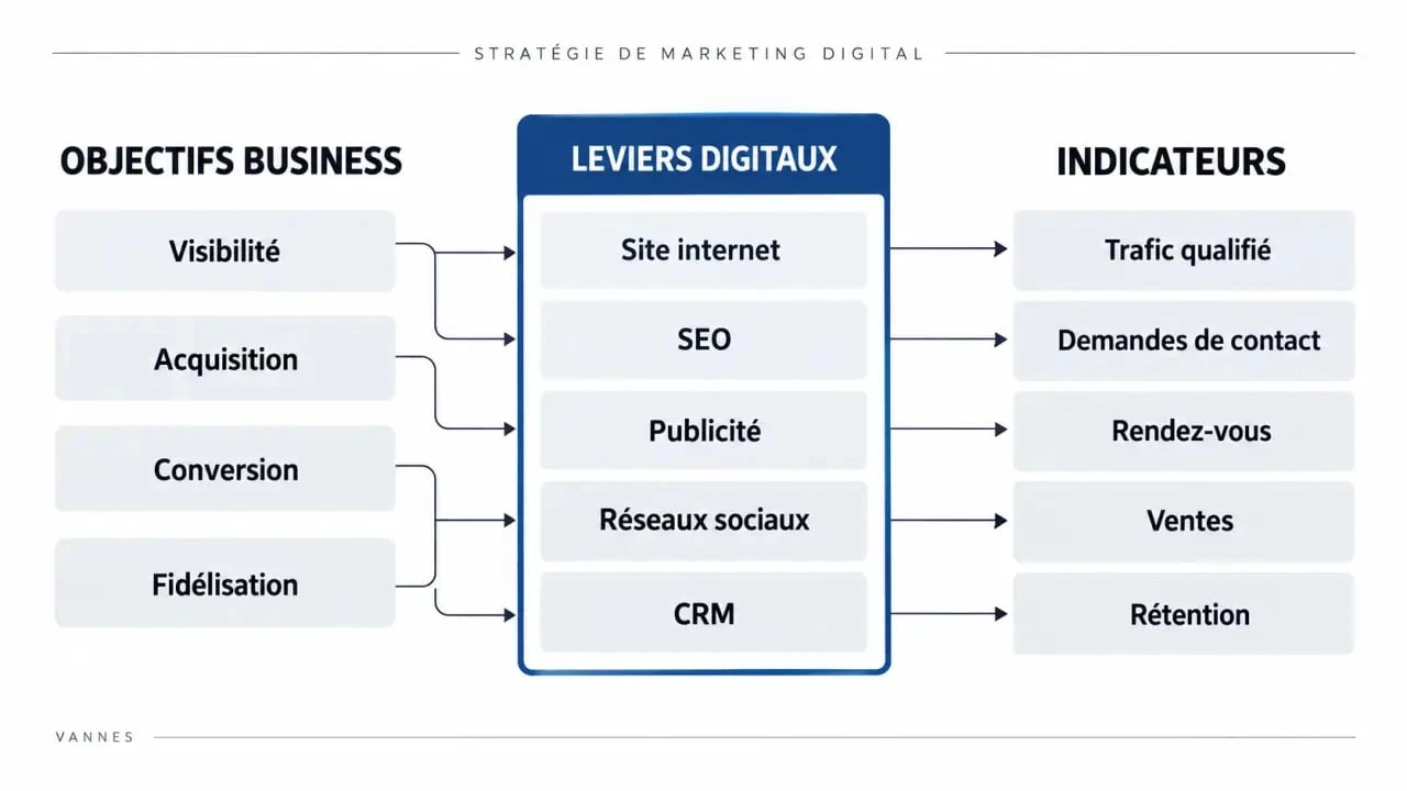 Agence marketing digital à Vannes : schéma des leviers, objectifs et indicateurs de performance