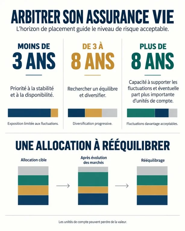 Infographie sur l’arbitrage assurance vie selon l’horizon de placement et l’allocation cible