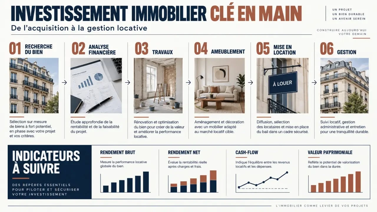 Infographie sur l’investissement immobilier clé en main et ses étapes de rentabilité