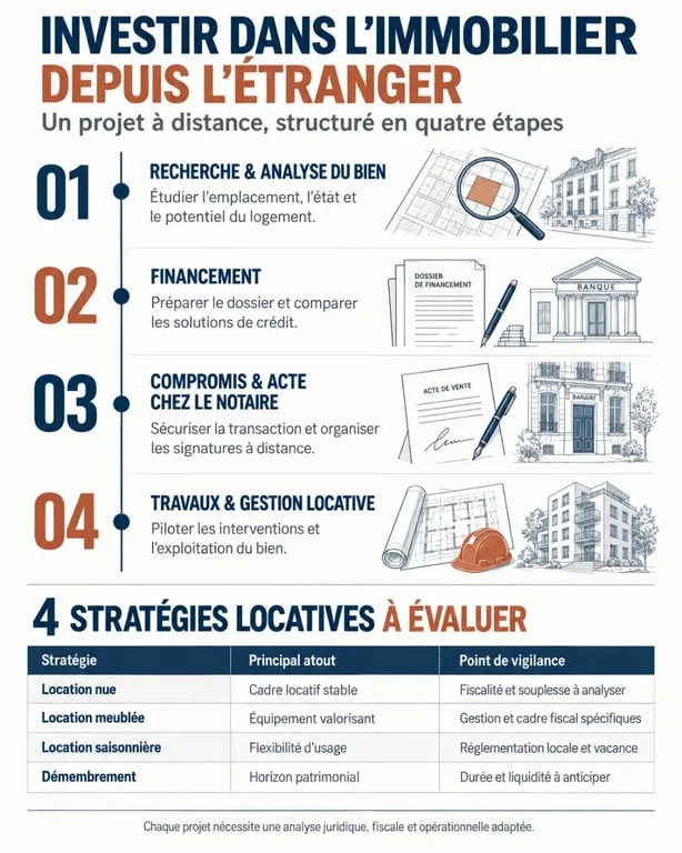 Infographie sur l'investissement immobilier expatrié et les étapes d'un achat locatif à distance
