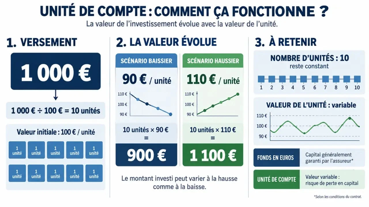 Infographie sur le fonctionnement d'une unité de compte assurance vie et l'évolution de sa valeur