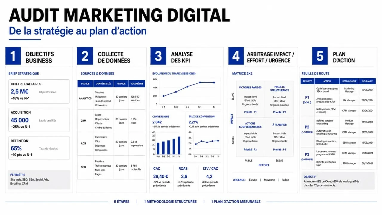 Audit marketing digital : schéma des 5 étapes pour passer du diagnostic au plan d’action