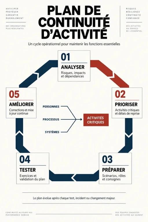 Infographie du processus d’un business continuity plan, de l’analyse des risques aux tests et à la mise à jour