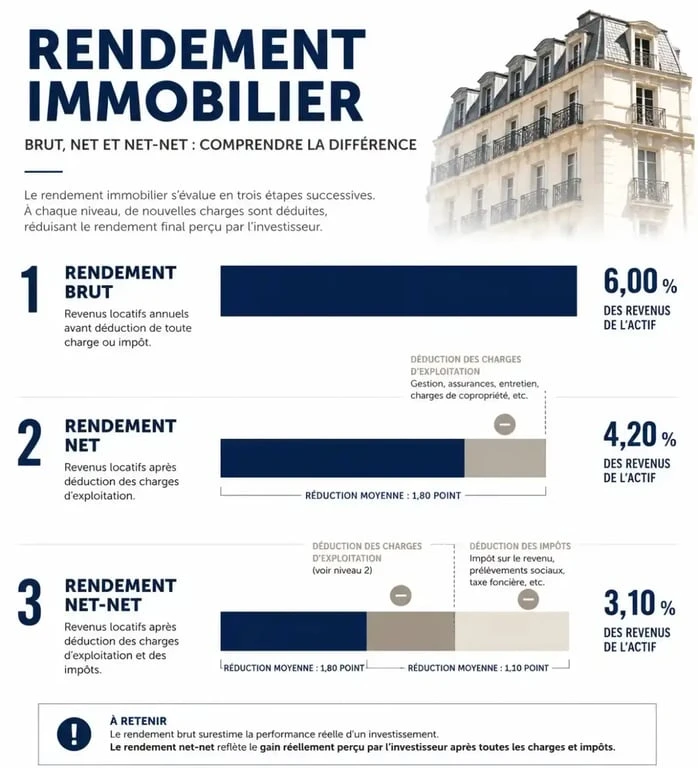 Infographie des indicateurs de rendement pour un investissement immobilier professionnel
