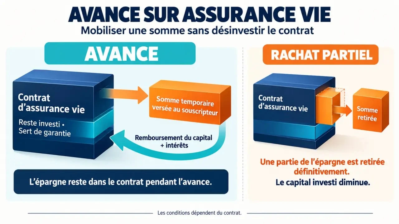 Infographie sur le fonctionnement d'une avance sur assurance vie et sa différence avec un rachat partiel