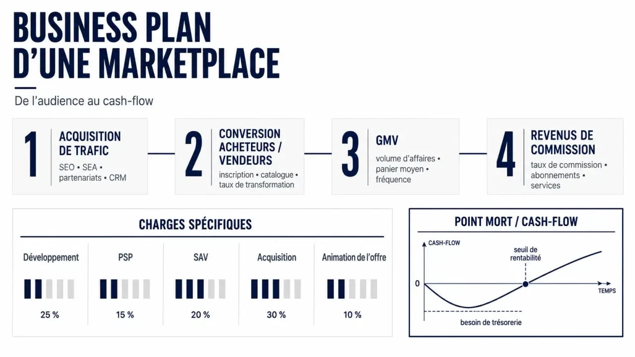Business plan marketplace : schéma du trafic, du GMV, des commissions, des charges et du point mort