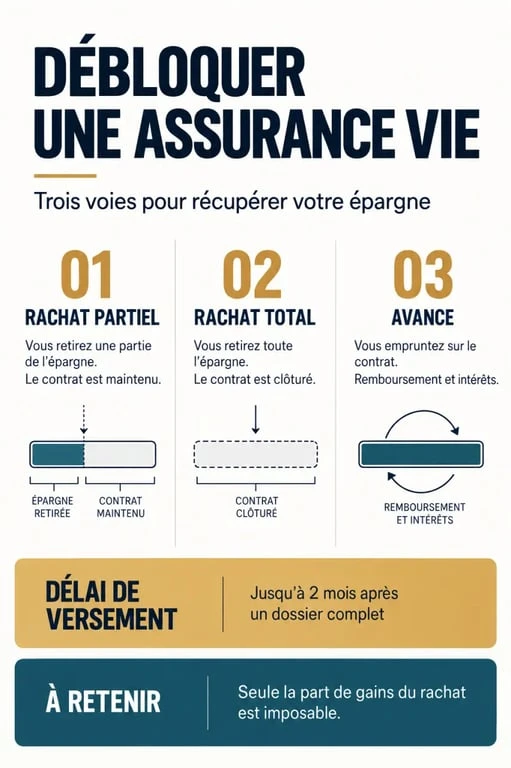 Infographie sur le déblocage d’une assurance vie : rachat partiel, rachat total, avance et délai de versement