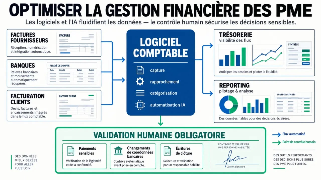 Infographie sur l’optimisation de la gestion financière des PME grâce aux logiciels et outils IA