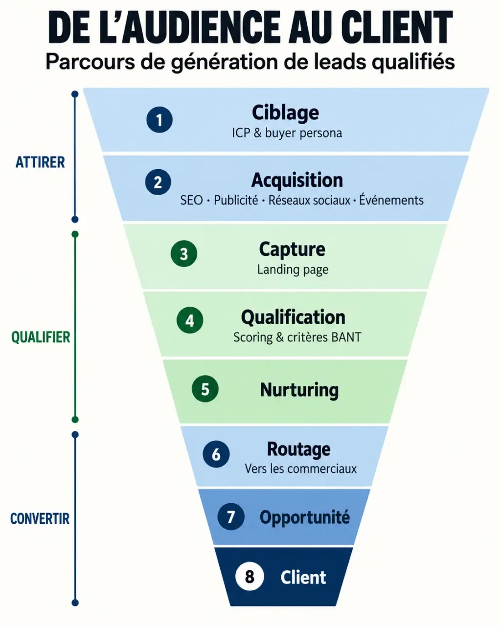 Infographie sur la génération de leads qualifiés, de l'acquisition à la conversion commerciale