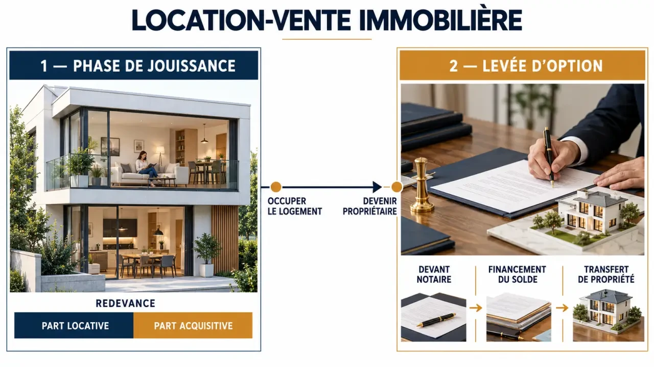 Infographie expliquant les deux phases de la location vente immobilière et la distinction entre part locative et part acquisitive