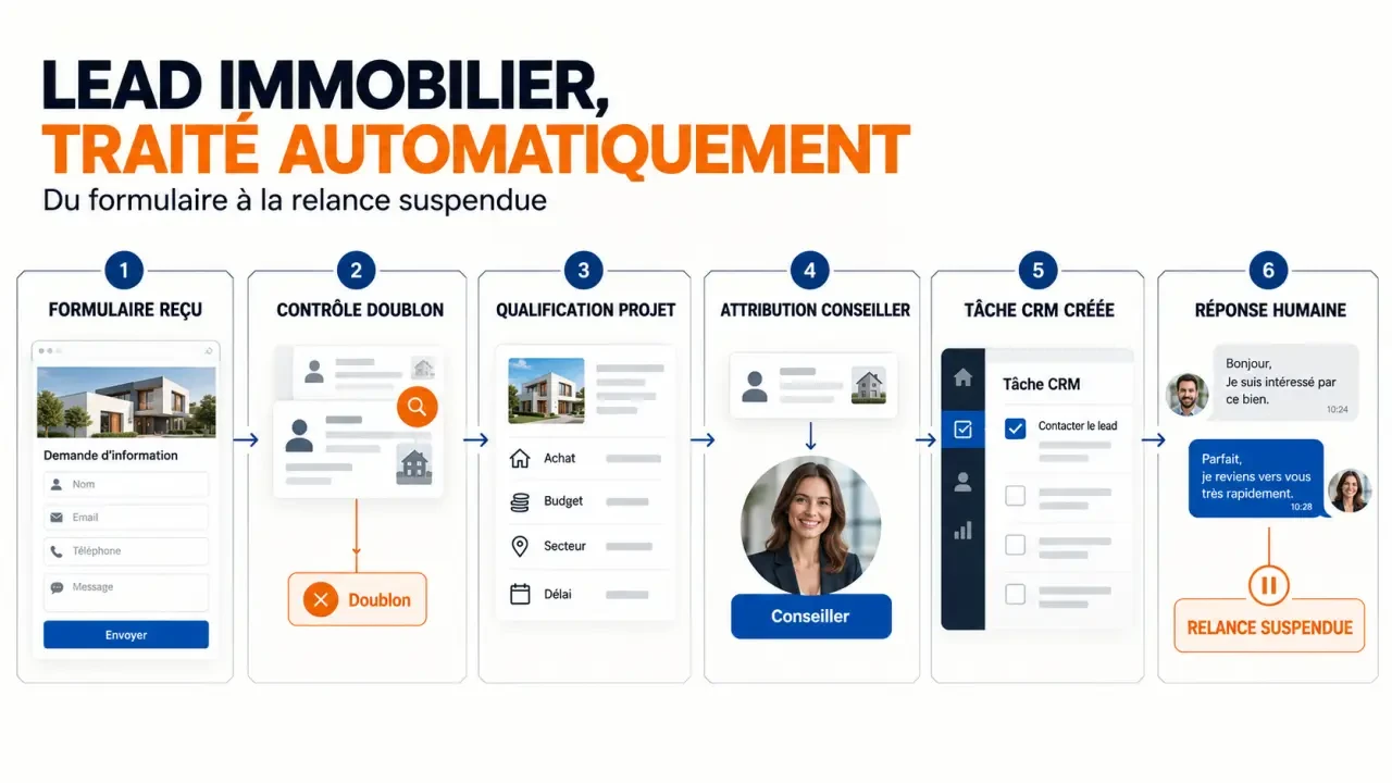 Workflow d’une agence immobilière avec gestion leads automatisée, qualification et suivi dans le CRM